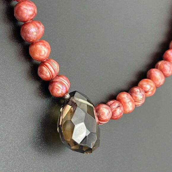 Smokey Quartz Boroque Red Fresh Water Pearl 925 Sterling Silver Necklace - Picture 1 of 13